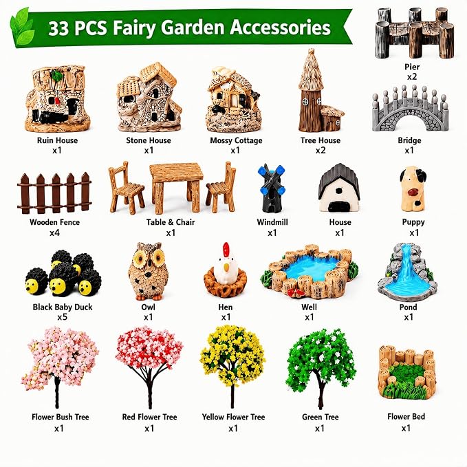 33 Pcs Fairy Garden Kit, Resin Fairy House Accessories with Animal Figurines & Fences, Stable & Noticeable Terrarium Decor for Outdoor Planters and DIY Micro Landscapes