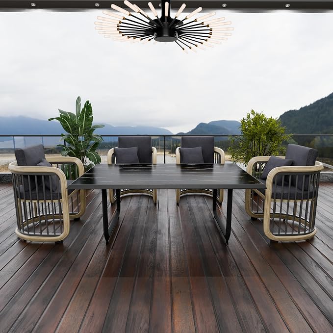 Klyra 7-Piece Outdoor Patio Dining Set Modern Aluminum Rectangular Dining Table and 6 Slatted Chairs with Stain-Resistant Cushions, Weather-Resistant Furniture for Garden, Deck, and Indoor Use, Grey