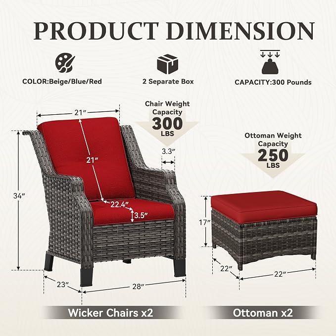 Wicker Patio Furniture Set - 4 Piece Rattan Outdoor Conversation Sets with 2 Wicker Patio Chairs,2 Ottomans for Garden, Backyard, Balcony and Deck