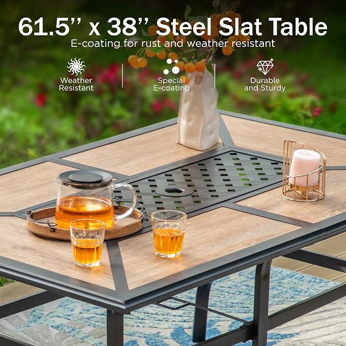 PHI VILLA 7pc Patio Dining Set with Umbrella, Wood-top Table, Rattan Chairs | 61" Wood-top dining table, 6 cushioned rattan wicker chairs, 13ft red umbrella. Perfect for patio, deck, yard, or porch.
