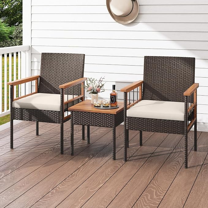 HAPPYGRILL 3 Piece Patio Conversation Set, Outdoor Wicker Furniture Set with Acacia Wood Coffee Table, 2 Rattan Chairs & Cushions, Patio Bistro Set for Porch, Garden, Backyard, Poolside