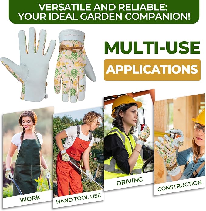 HANDLANDY Gardening Gloves for Women, Leather Garden Glove, Gardener Gift | Breathable Floral Ladies Leather Garden Yard Gloves, for Trimming, Weeding, Digging, Planting, Pruning