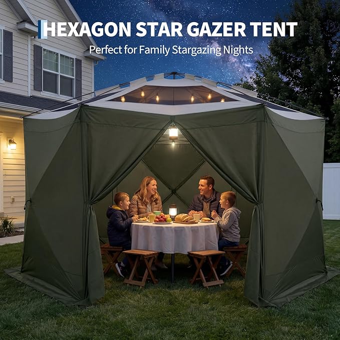GarveeHome 13x13FT Pop Up Gazebo Screen Tent, 6-Sided Canopy with Detachable Eaves & Starry Sky Top, 210D Oxford Water-Proof Instant Shelter with Mosquito Netting for Backyard Camping, Green & Gray