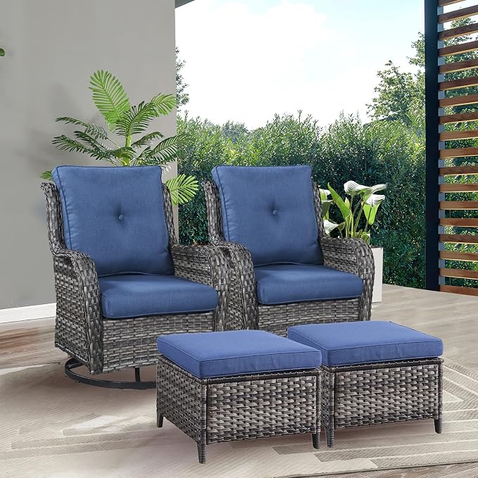 Rilyson Wicker Patio Furniture Set - 4 Piece Rattan Outdoor Sectional Conversation Sets with 2 Swivel Rocking Chairs,2 Ottomans for Porch Deck Garden(Mixed Grey/Blue)