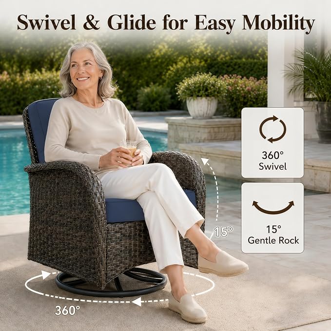 HUMMUH 3-Piece Patio Swivel Rocker Chairs Set with Glass Side Table | 360 degree swivel gliding, 4-inch thick sponge cushions, 250 lbs weight capacity, hand-woven pe wicker