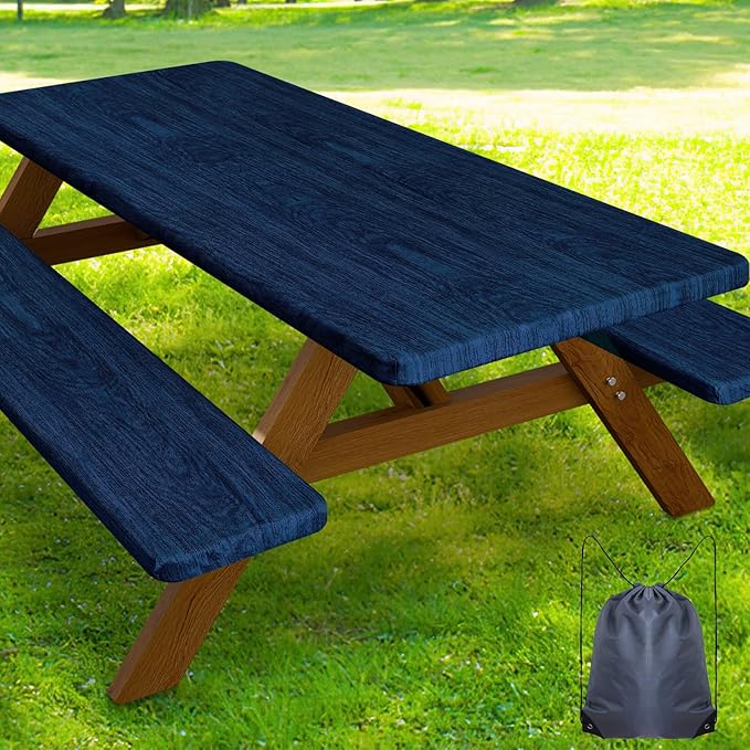 Smiry Picnic Table Cover with Bench Covers, Waterproof Elastic Fitted Tablecloth for 8 Foot Tables, Washable Polyester Tablecloths for Camping, Indoor & Outdoor (Navy & Black, 30x96 Inch 3-pc Set)