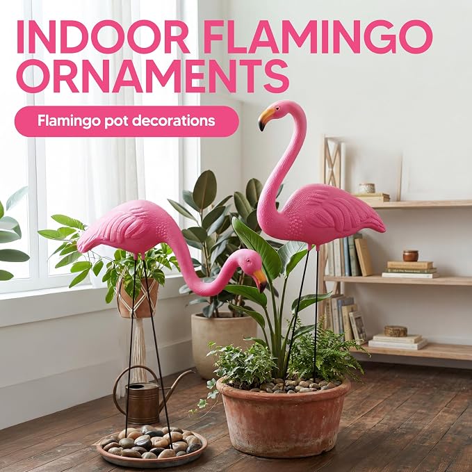 JOYIN Set of 2 Small Pink Flamingo Yard Ornament Stakes Mini Lawn Plastic Flamingo Statue with Metal Legs for Sidewalks, Outdoor Garden Decoration, Luau Party, Beach, Tropical Party Decor, 2 Styles
