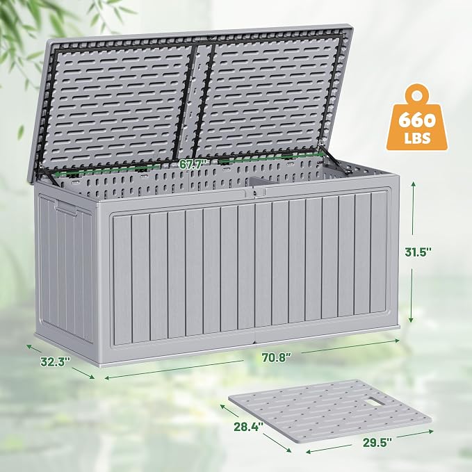 Devoko 260 Gallon Double-Wall Deck Box with Divider, Side Handles, Resin Outdoor Large Storage Box Waterproof and Lockable for Patio Furniture, Garden, Pool (Grey, 260 Gallon)