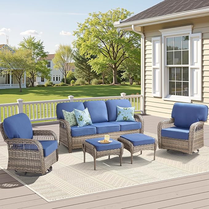 5 PCS Patio Furniture Set Outdoor Sectional Sofa Couch with Rocking Swivel Chairs 5" Deep Seat Chairs, Modern Wicker Rattan Conversation Set, Blue/Gray Wicker