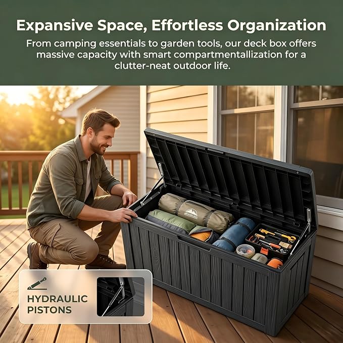 155 Gallon Outdoor Deck Storage Box, Large Waterproof Resin Patio Storage Box, Lockable Bench Seat Holds 2 Adults, for Garden Tools, Cushions & Pool Floats, UV & Rust Resistant, Black
