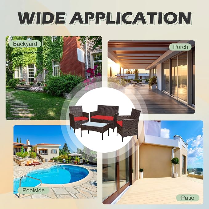 PROHIKER 4 Piece Outdoor Wicker Patio Conversation Furniture Set, Rattan Chair Wicker Sofa Garden Conversation Sets with Cushion and Glass Table for Yard Pool or Backyard, Brown/Red