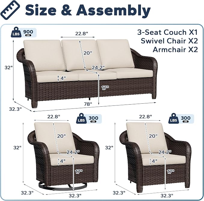 5 PCS Outdoor Conversation Set | 78" Couch, 2 Chairs, 2 Swivel Chairs, Patio Wicker Conversation Furniture with Removable Cushions for Bistro, Deck, Sunroom (Beige)