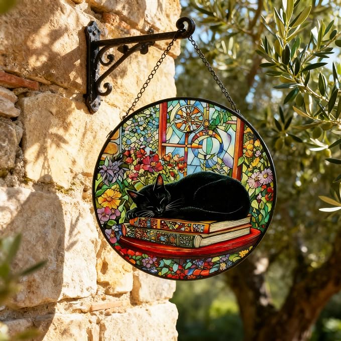Cat Stained Glass Suncatcher Window, Hanging Sun Catchers Indoor Window, Suncatcher for Nana/Mom/Women (Black Cat)