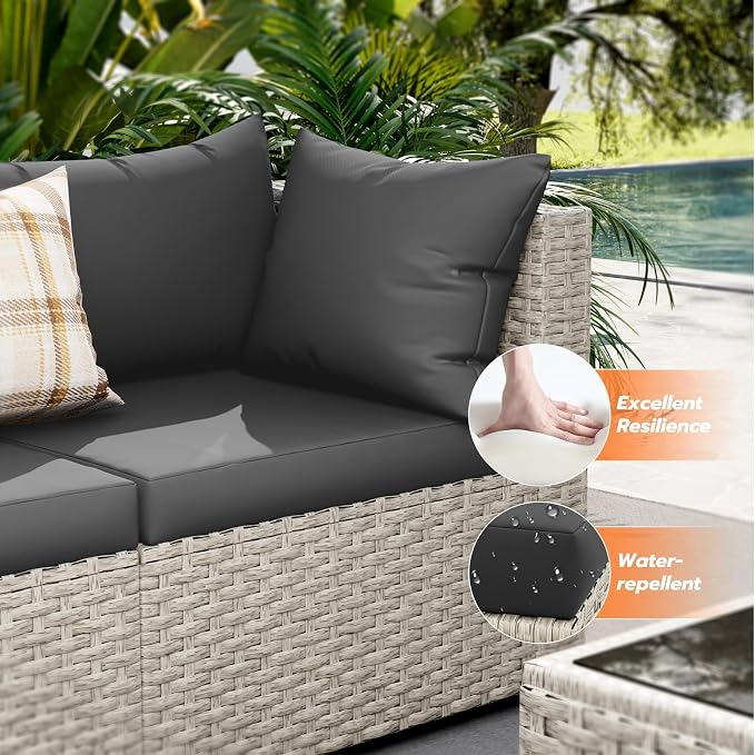 UDPATIO Patio Furniture Set with Fire Pit Table, 8 Pcs Outdoor Sectional Sofa, PE Wicker Patio Conversation Set for Garden, Backyard (Black Cushions with Light Grey Rattan)