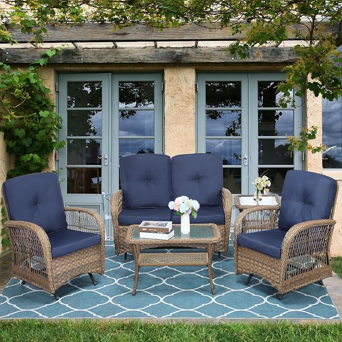 5-Piece Wicker Patio Furniture Sets Outdoor All-Weather Rattan Conversation Set Includes Glider Loveseat, 2 Glass-Top Coffee Tables, 2 Glider Rocker Chairs for Porch Backyard, Navy Blue