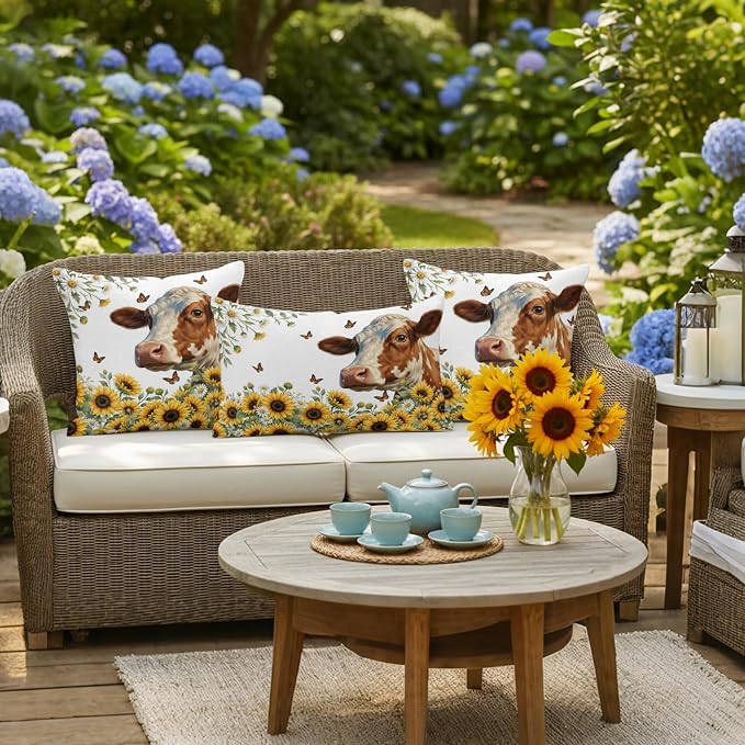 Cow Animal Outdoor Pillow Covers 18"x18" Set of 2, Yellow Sunflower Farmhouse Daisy Butterfly Waterproof Throw Pillow Covers for Patio Furniture, Decorative Cushion Covers for Porch