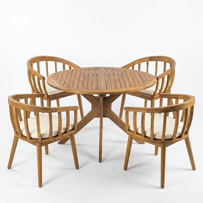 Christopher Knight Home Belas Acacia Wood Patio Dining Set for 4, Solid Wood Outdoor Dining Table Set for 4, Round Dining Table and Chairs Set of 4 with Cushion, Teak+Beige