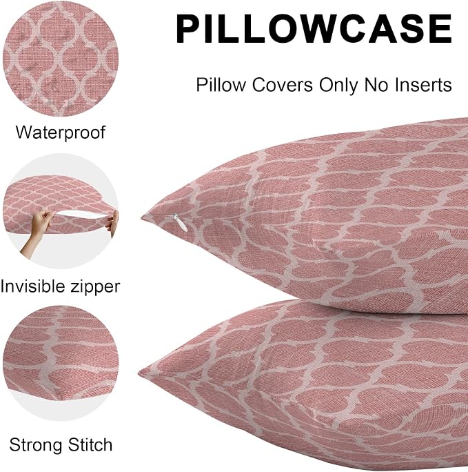 Coral Pink Morocco Outdoor Pillow Covers 20x20 Inch Throw Pillow Covers Set of 2 Waterproof Decorative Pillow Cases Vintage Geometric Plaid Mahbudium Cushion Covers for Patio Furniture Garden Couch