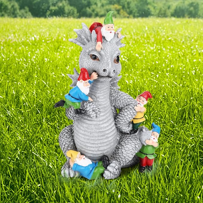 Dragon Garden Statue, Dinosaur Play with Gnomes Garden Statues, Garden Gift | 13'' Resin Porch Dinosaur Garden Dragon for Yard, Patio, Porch, Lawn, Outdoor Decor and Gifts for Mother Grandma or Father