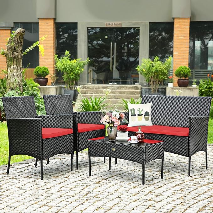 Tangkula 8 Piece Patio Furniture Set, Outdoor Wicker Conversation Set with Tempered Glass Coffee Table, Rattan Loveseat & Chairs Set with Seat Cushions for Backyard, Garden, Poolside (2, Red)