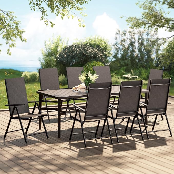 PHI VILLA Outdoor Dining Set for 8 w/Metal Table & Folding Chairs, Black | Light-weight & space-saving, Breathable & quick-drying, Rectangular, Umbrella Hole, Weather-Resistant, Adjustable, Patio deck