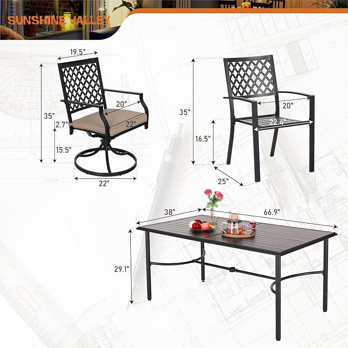 SUNSHINE VALLEY 7 Piece Patio Dining Set for 6, 67x38 Wood-Like Metal Table with Umbrella Hole and 6 Pcs Rust-Proof Stackable Chairs, Outdoor Table and Chairs Set for Backyard Garden Deck (Style 4)