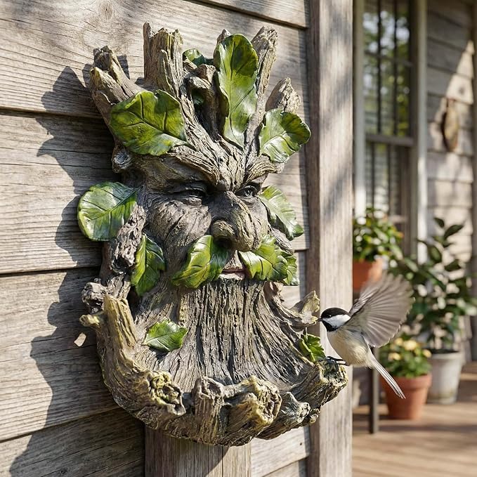 10.3" Whimsical Tree Face Sculpture, Garden Peeker Statue, Outdoor Trunk Tree Huggers Art, Landscape Accent Ornament, Hanging Fairy Elve Figurine for Yard Art, Feeder Decor Wall Mounted Statue