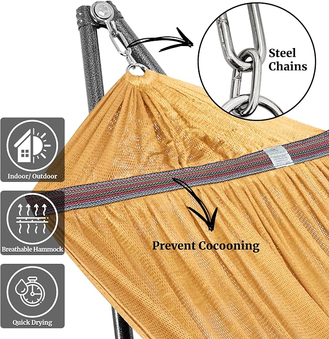 Tranquillo Universal Double Hammock with Stand Included for 2 Persons 600 lbs Capacity Portable Foldable with Case - Indoor, Outdoor, Camping, Yellow
