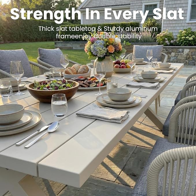 9-Piece Patio Dining Table Sets, Woven Wicker Dining Set with Rectangular Aluminum Table and Dining Chairs Modern Outdoor Dining Furniture Set for Outdoors and Indoors
