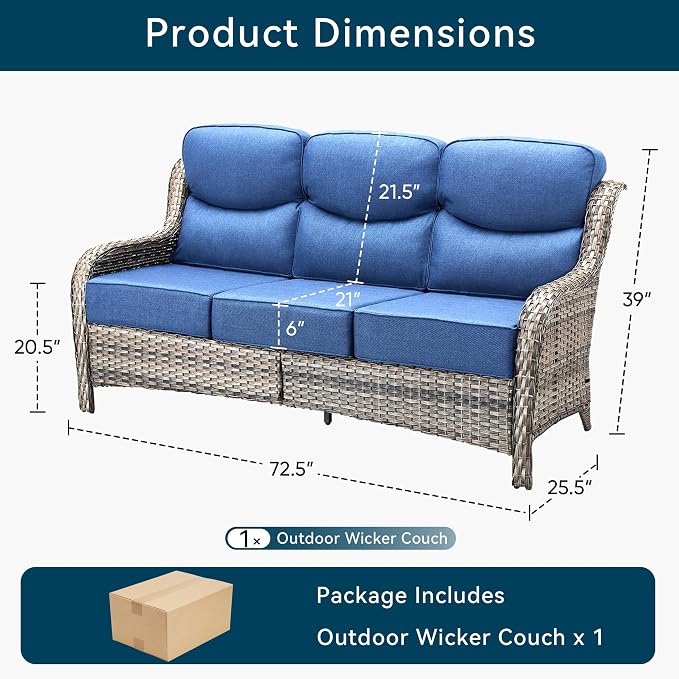 Luxury Outdoor Patio Furniture Set-Wicker High Backrest 3-Seat Patio Sofa with Comfy 6" Cushion, Rattan Couch with Deep Seat All-Weather Patio Conversation Set for Deck Backyard Garden(Grey/Blue)