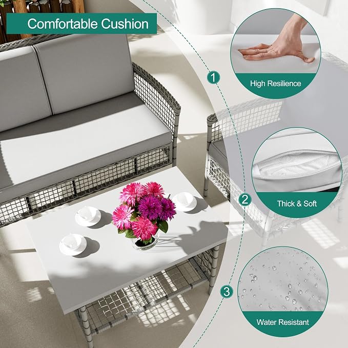 DECMICO 4 Pieces Outdoor Patio Furniture Set, Wicker Rattan Chairs & Loveseat Couch with Side Table and Cushions, All-Weather Patio Seating Set for Backyard, Deck, Porch (Light Gray)