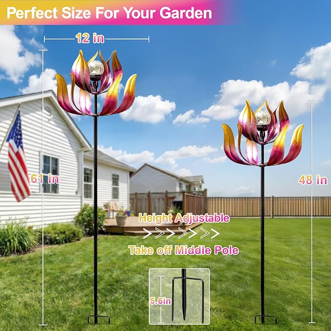 Solar Wind Spinners Outdoor for Yard and Garden, 61'' Lotus Kinetic Wind Sculptures with Color Changing LED Crackle Glass Globe, Metal Yard Art Decor for Patio Lawn, Garden Gifts for Women/Mother