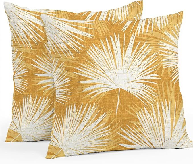 Throw Pillow Covers 20x20 Inch Set of 2, Golden Yellow Palm Leaves Waterproof Outdoor Pillow Covers, Summer Tropical Botanical Decorative Cushion Pillowcases for Couch, Sofa, Bed, Garden, Patio