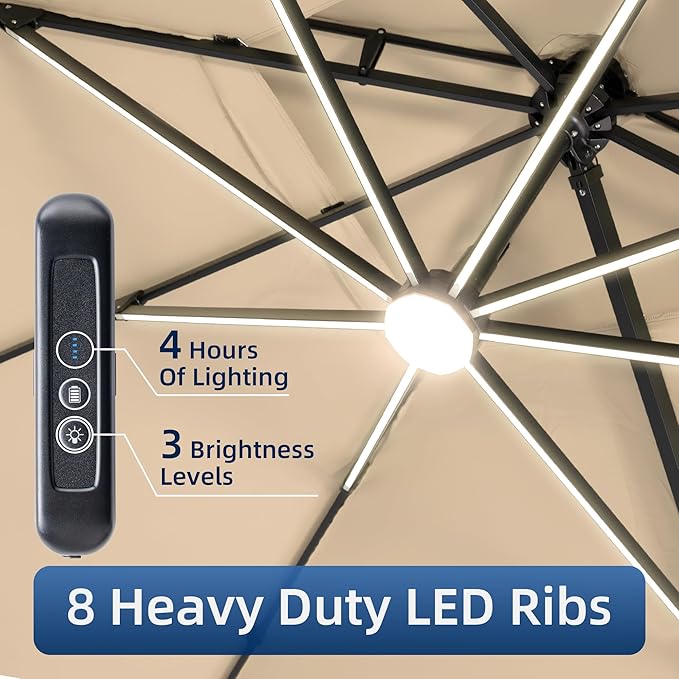 10x13 FT Patio Umbrella with Weighted Base and LED Lights Cantilever Outdoor Large Heavy Duty Rectangle Aluminum Offset Umbrellas Double Top 360 Rotation for Pool Deck Garden, Beige