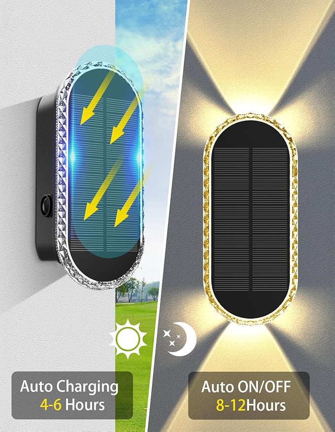Solar Fence Lights Outdoor, Warm White & RGB 8 Modes Solar Wall Lights Outdoor Waterproof, Up&Down Dual-Head Outdoor Solar Lights for Yard House Fence Backyard Deck Garden Patio Porch, 6 PK