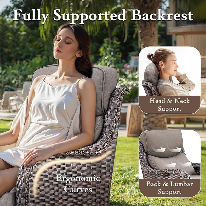 Luxury High Back Outdoor Furniture with 6-inch Extra Thick Cushions, Patio Furniture Set with Fire Pit Table & Swivel Chairs, 7 PCS Wicker Conversation Set for Patio, Yard, Deck, Poolside, Brown/Grey