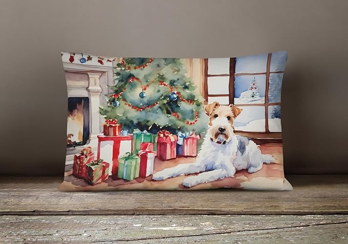 Caroline's Treasures DAC2767PW1216 Fox Terrier Cozy Christmas Throw Pillow Machine Washable, Indoor Outdoor Decorative Pillow for Couch, Bed or Patio, 12HX16W