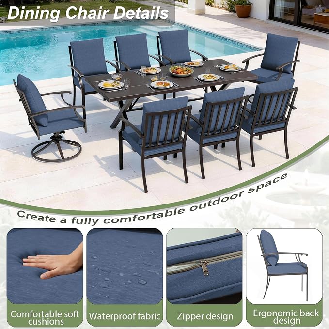 8 Pieces Patio Dining Set with Brown Umbrella,Outdoor Furniture Set Includes Hole Cut-Out Table and 4 Metal Backrest Chairs and 2 Swivel Chairs for Backyard,Garden,Poolside,Brown