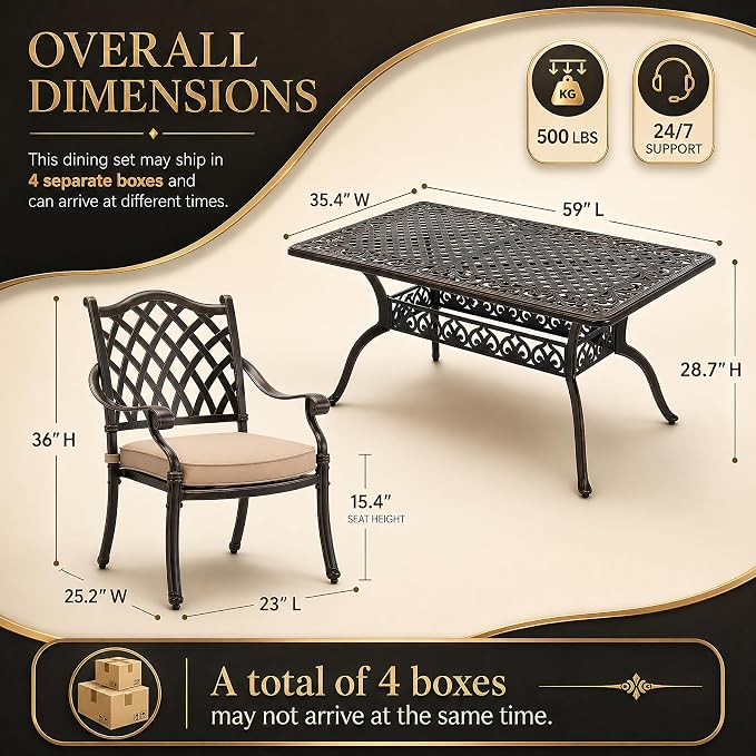 7 Piece Outdoor Dining Set Cast Aluminum, Retro Patio Dining Set for 6 Includes 59” Rectangular Table with Thicker Cushions and Umbrella Hole for Patio Deck Garden