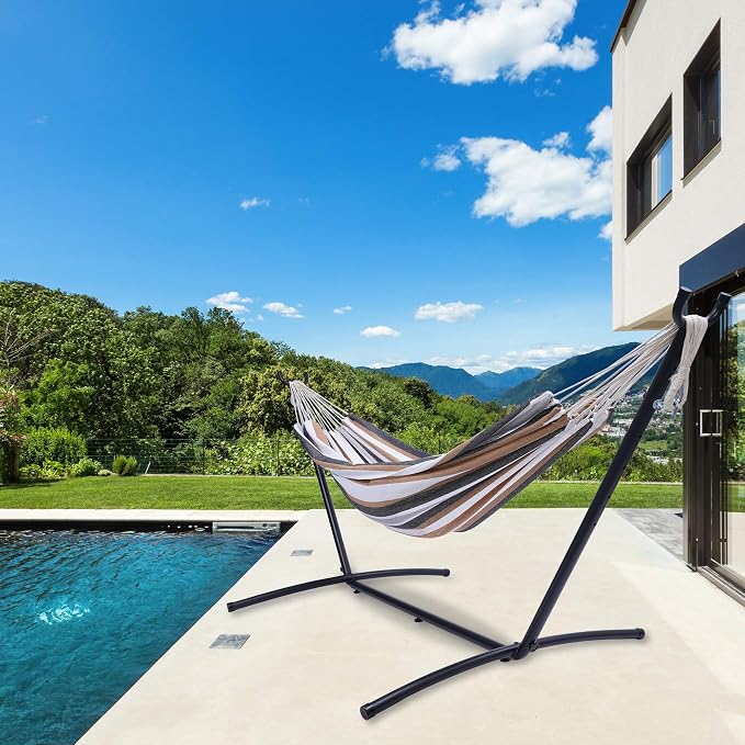 Double Classic Hammock with Stand for 2 Person- Indoor or Outdoor Use-with Carrying Pouch-Powder-Coated Steel Frame - Durable 450 Pound Capacity，Brown/Gray Striped