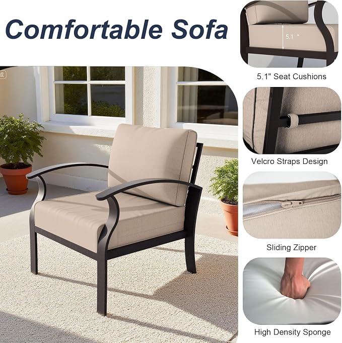 ALAULM Aluminum Patio Furniture Set with Coffee Table Rectangular, 5-seat Outdoor Sectional Furniture w/2 Swivel Chairs, Patio Conversation Set for Porch, Backyard, Poolside-Grey