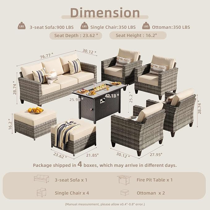 CAODOC 8-Piece Outdoor Wicker Patio Set with 9 Seats, Including 43" Fire Pit - Sectional Sofa and Conversation Set for Backyard or Lawn, Gray Rattan with Waterproof Beige Cushions