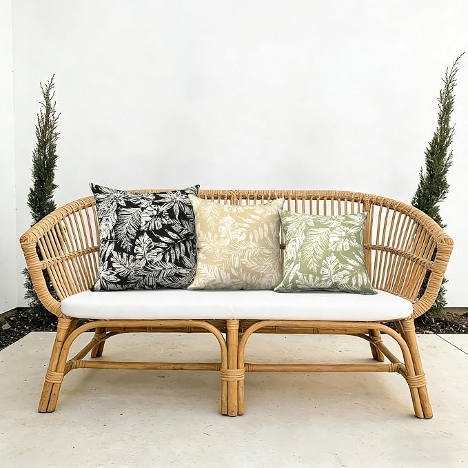 Outdoor Pillows with Insert 20x20 Inch, Waterproof Throw Pillow for Patio Furniture, Decorative Back Cushion for Garden Home Sofa Office Chair, Set of 2, Tropical Leaf Black