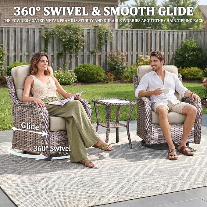 Luxury Swivel Rocker Chair Sofa Set with 6" Thick Cushions,8-Piece Wicker Patio Chair with Coffee Table and Ottoman,Outdoor Comfortable High Back Chair Patio Furniture Set - Brown | Beige