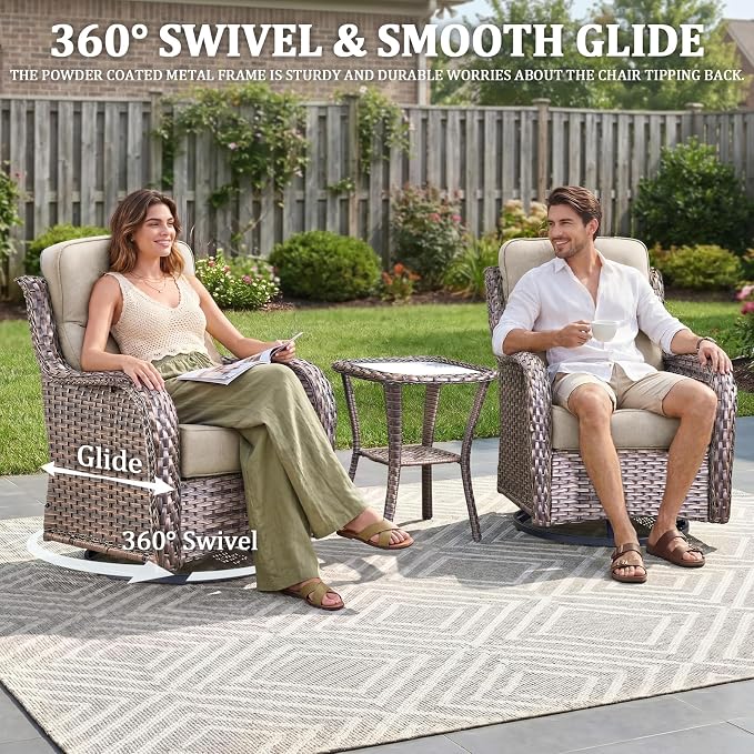 Luxury Swivel Rocker Chairs Set with 6" Thick Cushion 3 piece Wicker Outdoor Swivel Rocker Patio Chair with Side Table High Back Comfortable Outdoor Patio Furniture Set - Brown | Beige