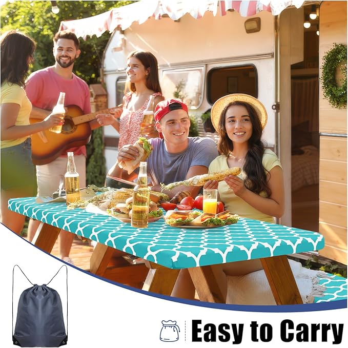 Smiry Picnic Table Cover with Bench Covers, Waterproof Elastic Fitted Tablecloth for 8 Foot Tables, Washable Polyester Tablecloths for Camping, Indoor & Outdoor (Teal, 30x96 Inch 3-pc Set)