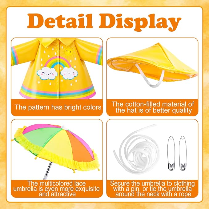 DECOHS 3 Pcs/Set Raincoat Porch Goose Outfits, Summer Lawn Goose Statue Raincoat Costume, Yard Goose Clothes Raincoats Umbrella Hat Outfit for 23" Statue Patio Garden Decoration (Yellow Rainbow)