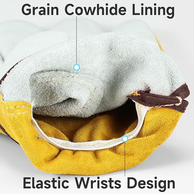 OZERO Leather Work & Gardening Gloves, EN388, 24 Pairs, Gold/Light Cyan, L | Flexible Grip, Keystone Thumb, Elastic Wrist, Breathable Unlined Comfort for Yard Work, Firewood, Landscaping and Farm Tasks