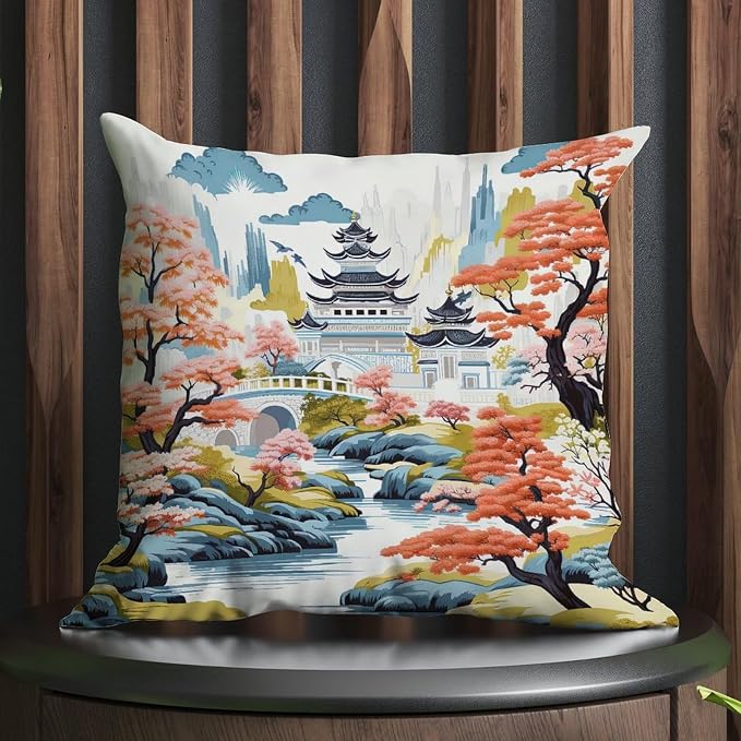 Chinoiserie Pagoda White Coral Blue Throw Pillow Covers Chinoiserie Chic Asian Throw Pillow Cover Rustic Farmhouse Decor Pillow for Sofa Patio Couch 22x22 in