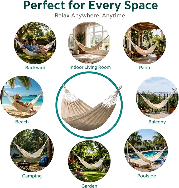 Double Hammock for 2 Person, 500 lbs Capacity – Handwoven Mexican Hammock, 100% Soft Cotton – 12 ft Mayan Hammock for Patio, Backyard, Indoor & Camping – Large, Beige